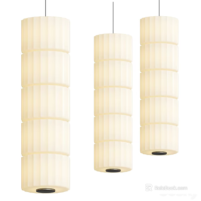 Three White Cylindrical Chandeliers With Multi Layered Pleated Hanging Shades 3d model 