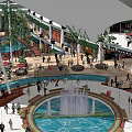 Vibrant Commercial Street Featuring Glass Canopy Lush Greenery Escalators Red Seating And Busy Shoppers