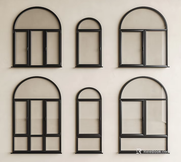 Decorative Arched Windows With Black Frames Arranged On Beige Interior Wall 3d model 