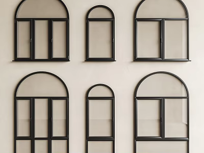 Decorative Arched Windows With Black Frames Arranged On Beige Interior Wall 3d model