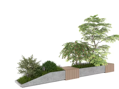 Roadside Landscape Facilities Featuring Sloped Concrete Structure Wooden Elements And Green Plants Trees 3d model