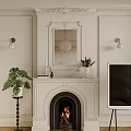Classic White Fireplace with Mirror Lantern Candles Books Pink Flower Vase Mantel Green Plant TV