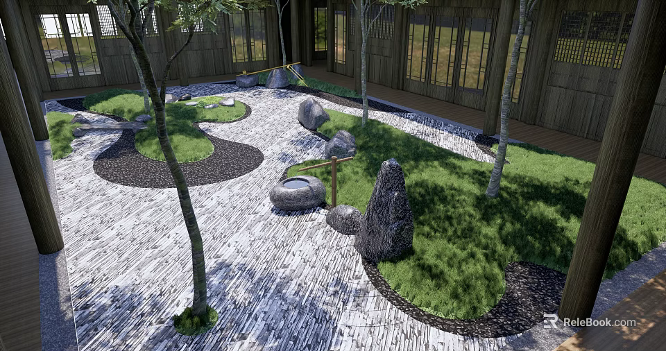 Modern Garden Landscape With Trees Rocks Grass Stone Paths And Wooden Structure 3d model 