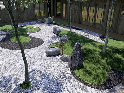 Modern Garden Landscape With Trees Rocks Grass Stone Paths And Wooden Structure 3d model