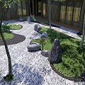 Modern Garden Landscape With Trees Rocks Grass Stone Paths And Wooden Structure