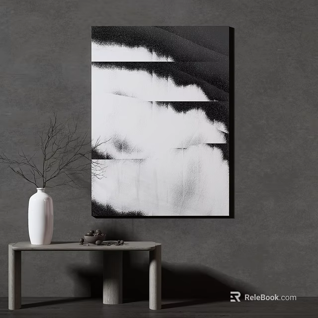 Gray Wall Interior With Black White Abstract Artwork And White Vase On Small Table 3d model