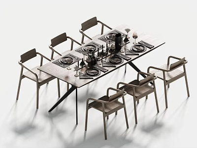 Minimalist Modern Dining Table And Chairs Set With Stylish Dining Tableware And Place Settings 3d model