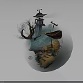 Small Wooden Boat On Calm Water Near Traditional Pagoda And Wooden Bridge