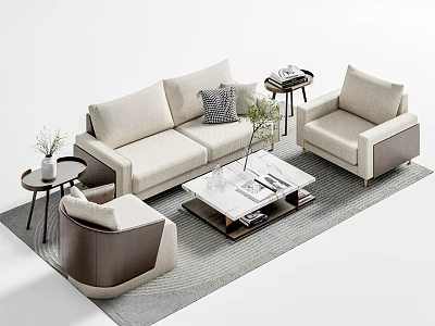 Elegant Modern Beige Sofa and Coffee Table Set with Accent Chair Side Table Green Plant 3d model