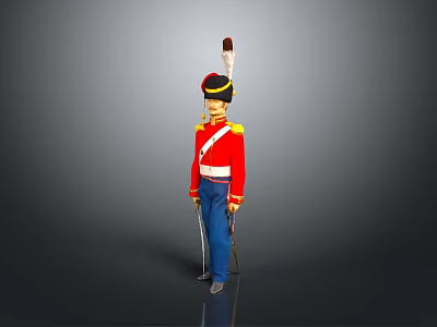 Toy Soldier In Red Uniform With Gold Accents Black Hat Feather Blue Pants And Sword 3d model