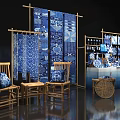 Oriental Art Installation Featuring Blue White Patterns Wooden Frames Screens And Display Shelves