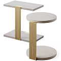 Modern Round Top Side Table With Golden Metal Legs And Wooden Tier Design