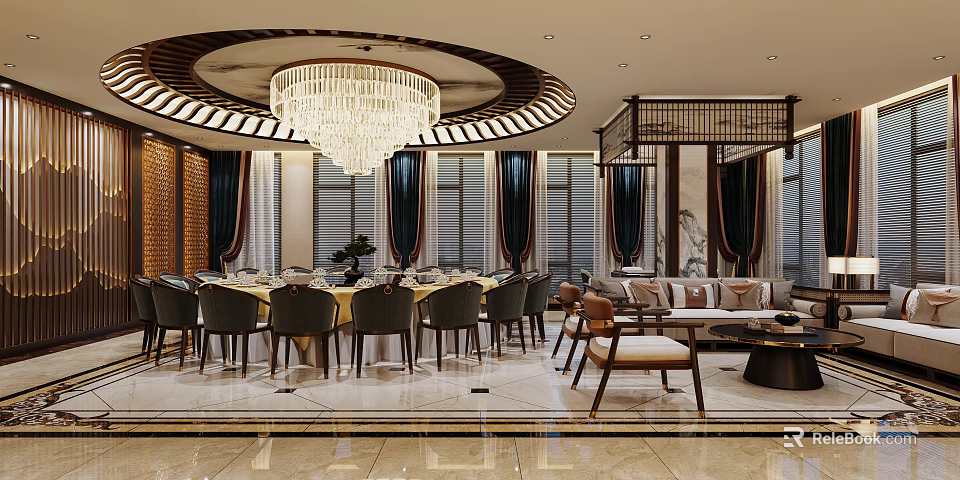 Luxurious Private Dining Room Interior With Large Dining Table Chandelier Sofa And Curtains 3d model