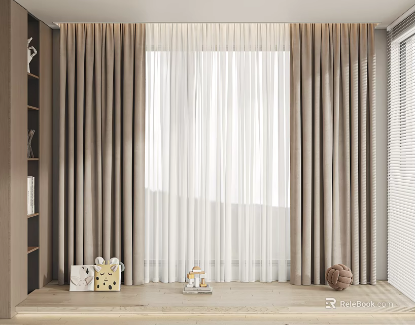 Elegant Double Layer Curtains Beige And White Sheer For Living Room Interior With Window Decor 3d model 