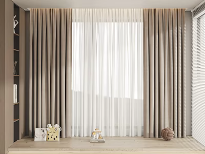 Elegant Double Layer Curtains Beige And White Sheer For Living Room Interior With Window Decor 3d model