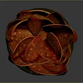 Carved Red And Yellow Petal Shaped Sculpture With Ornate Aged Metallic Pedestal