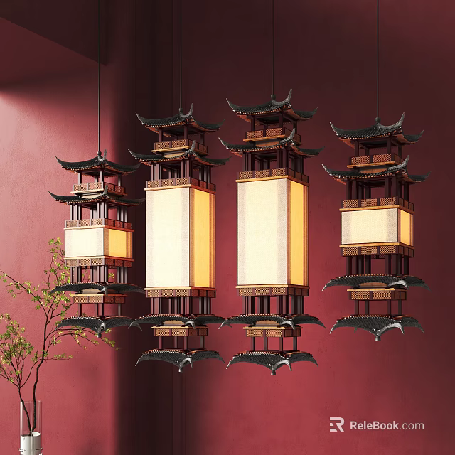 Traditional Chinese Pendant Lamps With Wooden Frame Ancient Architecture Design And Hanging On Red Wall 3d model 