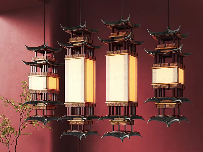 Traditional Chinese Pendant Lamps With Wooden Frame Ancient Architecture Design And Hanging On Red Wall 3d model