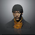 Man in Gray Beanie With Mustache Orange Shirt Dark Coat and Gray Background Reflection