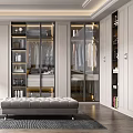 Elegant Modern Walk-in Closet Interior Design With Glass Doors Cabinets And Bench Mirror