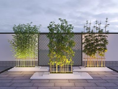 Bamboo Plants In Outdoor Landscape Design With Lattice Wall White Planters And Lighting 3d model