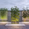 Bamboo Plants In Outdoor Landscape Design With Lattice Wall White Planters And Lighting