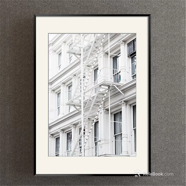 White Building Landscape Painting With Fire Escape And Framed Windows 3d model 