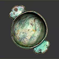 Artistic Bowl Shaped Sculpture With Green Red Swirled Colors And Textured Handles