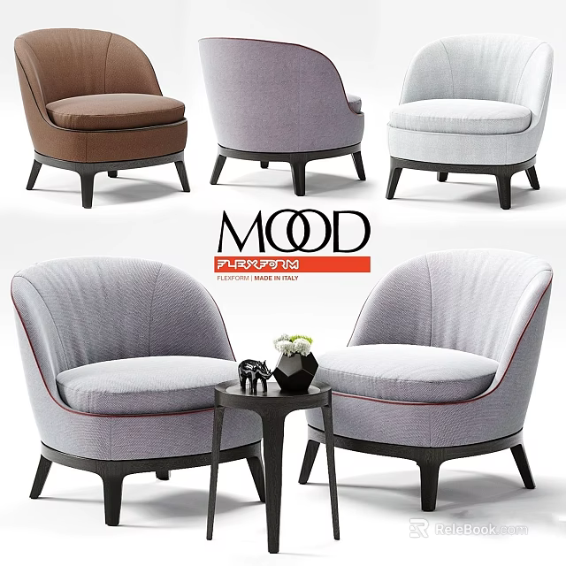 Modern Accent Chairs with Curved Upholstered Seats in Neutral Tones and Matching Side Table 3d model 