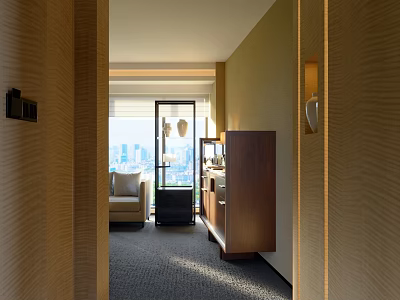 Hotel Room Interior With Wooden Walls Carpeted Floor Sofa Wooden Cabinet And City View By Window 3d model