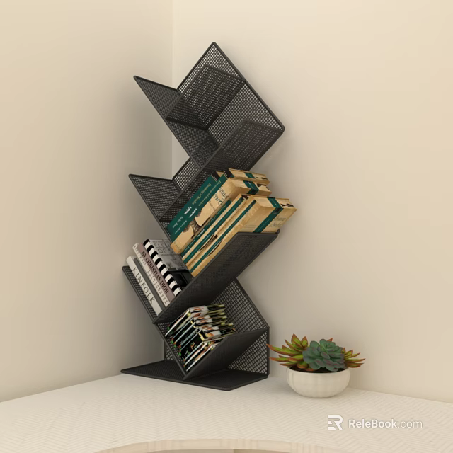 Modern Black Spiral Bookshelf With Multi-layer Design And Books Near Succulent Plant 3d model 