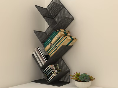 Modern Black Spiral Bookshelf With Multi-layer Design And Books Near Succulent Plant 3d model