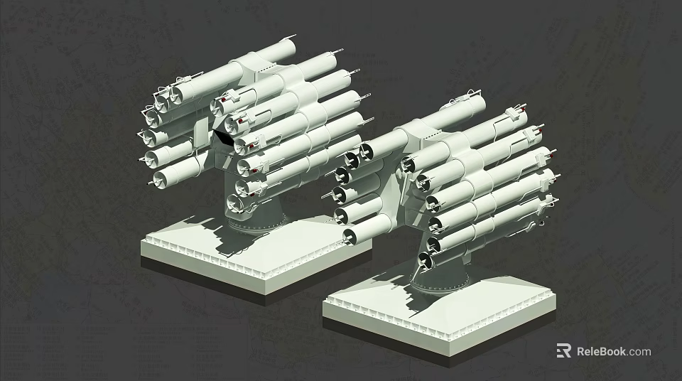 Two White Multi Tube Missile Launchers with Cylindrical Tubes and Square Bases 3d model 