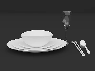 Complete White Tableware Set With Plates Bowl Wine Glass Chopsticks And Spoon 3d model