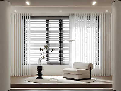 Modern White Vertical Blinds in Bright Interior with White Chair and Vase Plants 3d model