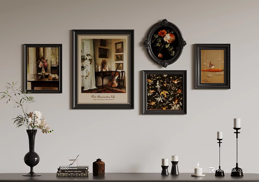 Elegant Wall Arrangement With Various Framed Artworks And Tabletop Decorative Items 3d model