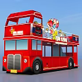 Commercial Outdoor Setup With Red Double Decker Bus Decorative Balloons Flowers Bench And Street Lamp