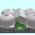 Cartoon Scene Featuring Domed Buildings Central Building Red Logo Green Grass Trees And Stone Fences