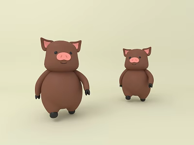 Cute Brown Pig Dolls Large And Small Stuffed Toys With Pink Ears And Nose 3d model