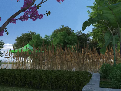 Tranquil Garden Landscape Featuring Purple Flowering Tree Green Tent Tall Grass And Stone Path 3d model