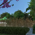 Tranquil Garden Landscape Featuring Purple Flowering Tree Green Tent Tall Grass And Stone Path