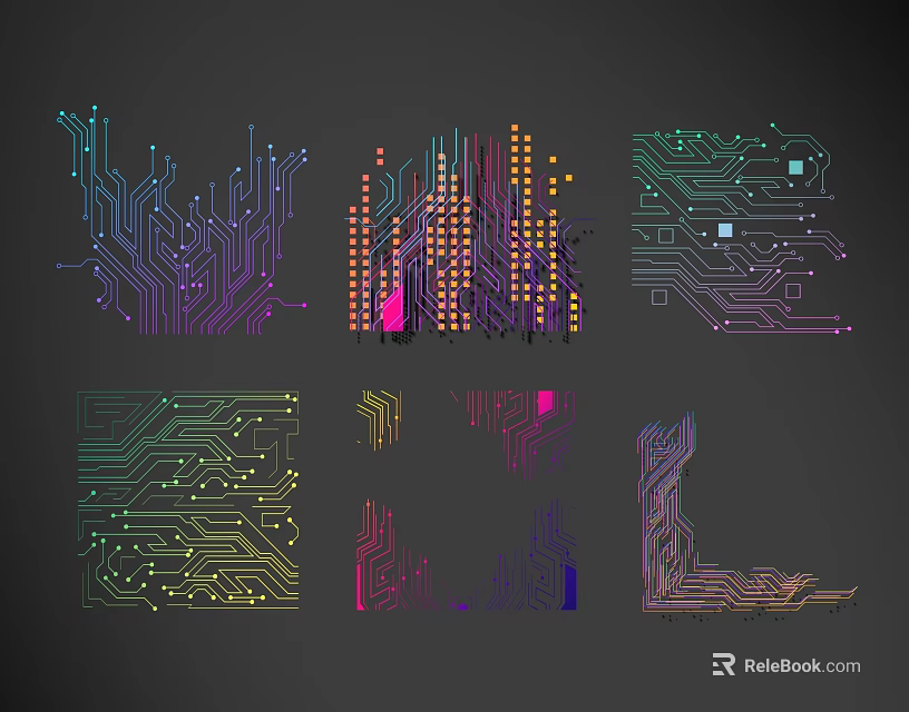 Colorful Circuit Board Line Patterns With Abstract Digital Art Designs And Various Shapes 3d model 