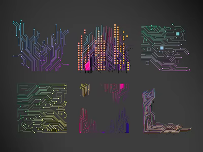 Colorful Circuit Board Line Patterns With Abstract Digital Art Designs And Various Shapes 3d model