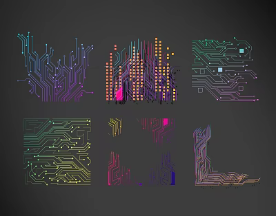 Colorful Circuit Board Line Patterns With Abstract Digital Art Designs And Various Shapes 3d model