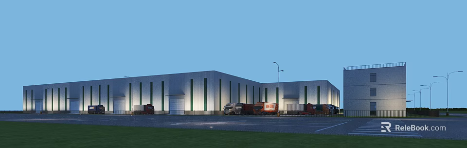 Industrial Factory Building with White Exterior Green Stripes Front Parking Lot Trucks and Street Lamps 3d model 