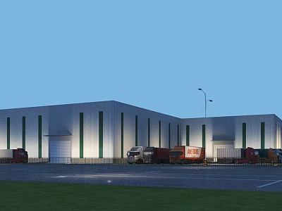 Industrial Factory Building with White Exterior Green Stripes Front Parking Lot Trucks and Street Lamps 3d model