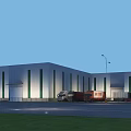 Industrial Factory Building with White Exterior Green Stripes Front Parking Lot Trucks and Street Lamps