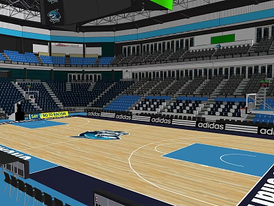 Indoor Basketball Court With Modern Stadium Seats Wooden Floor And Adidas Advertising Boards 3d model