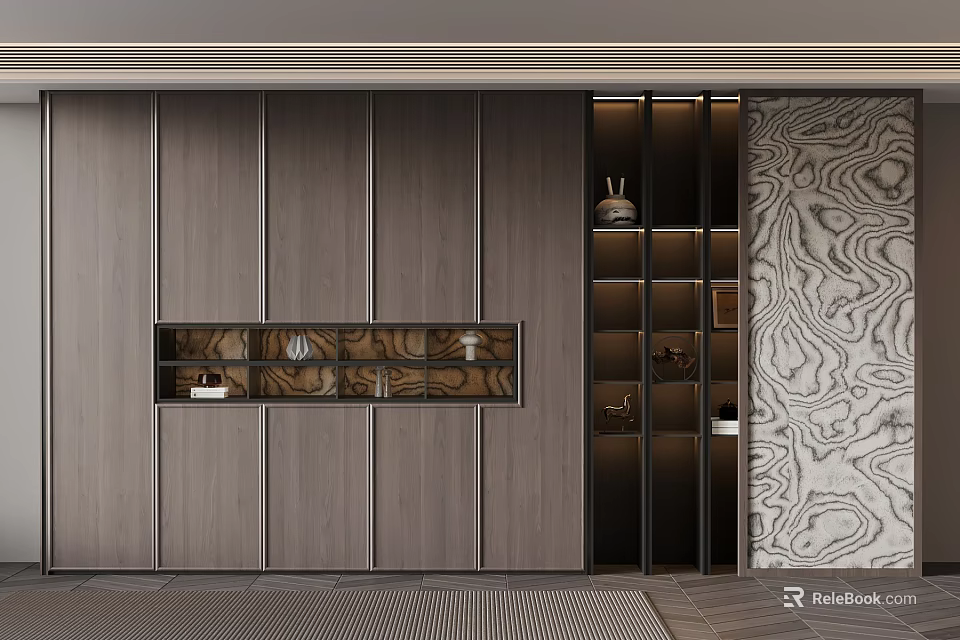 Modern Wooden Bookcase With Decorative Shelves And Stylish Interior Wall Design 3d model 
