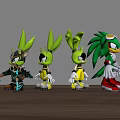 Four Green Haired Action Figures With Various Outfits Armor Details And Red Shoes